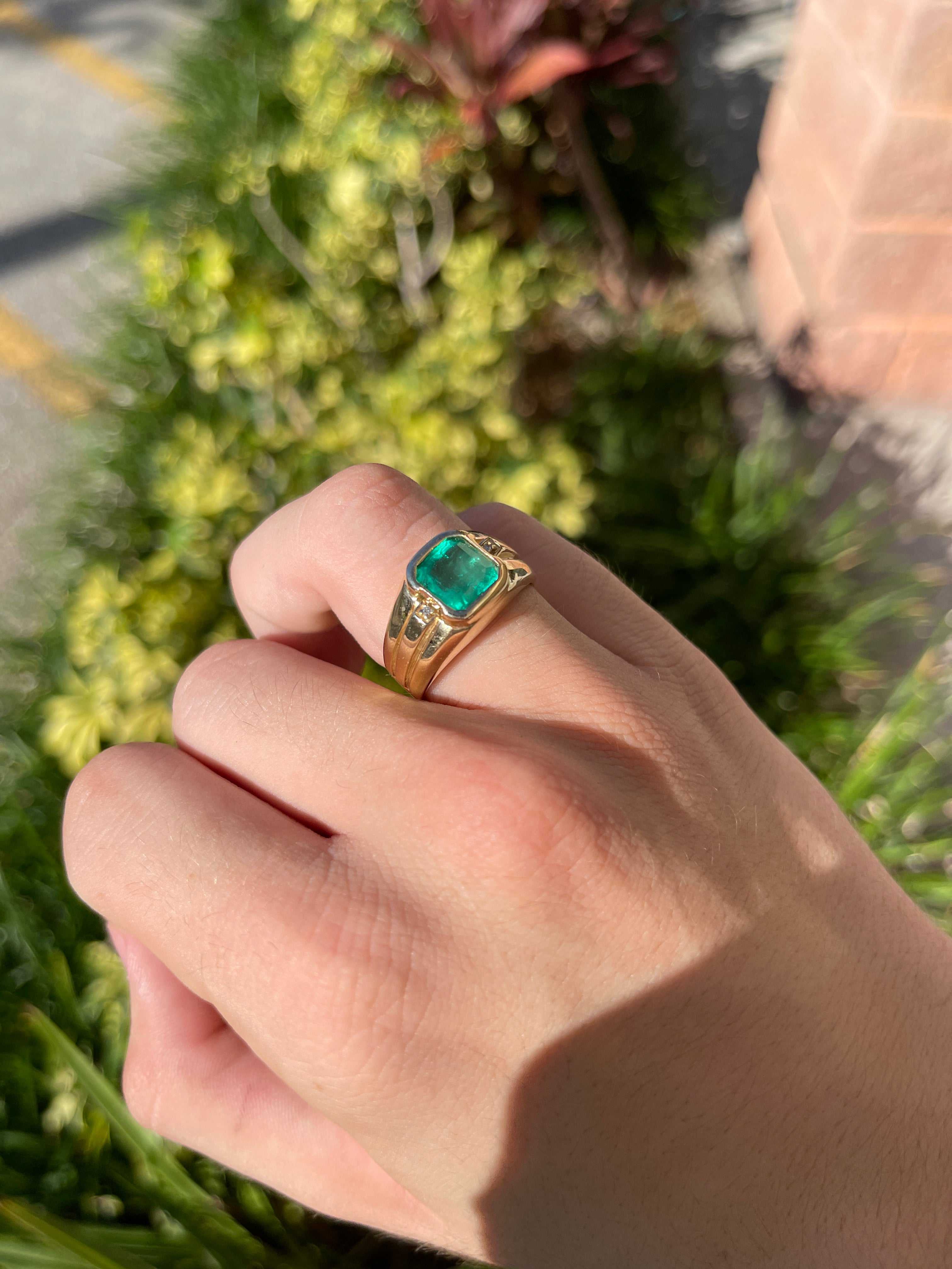 3.56tcw Mens Emerald & Diamond Accent Ring Yellow Gold 14K