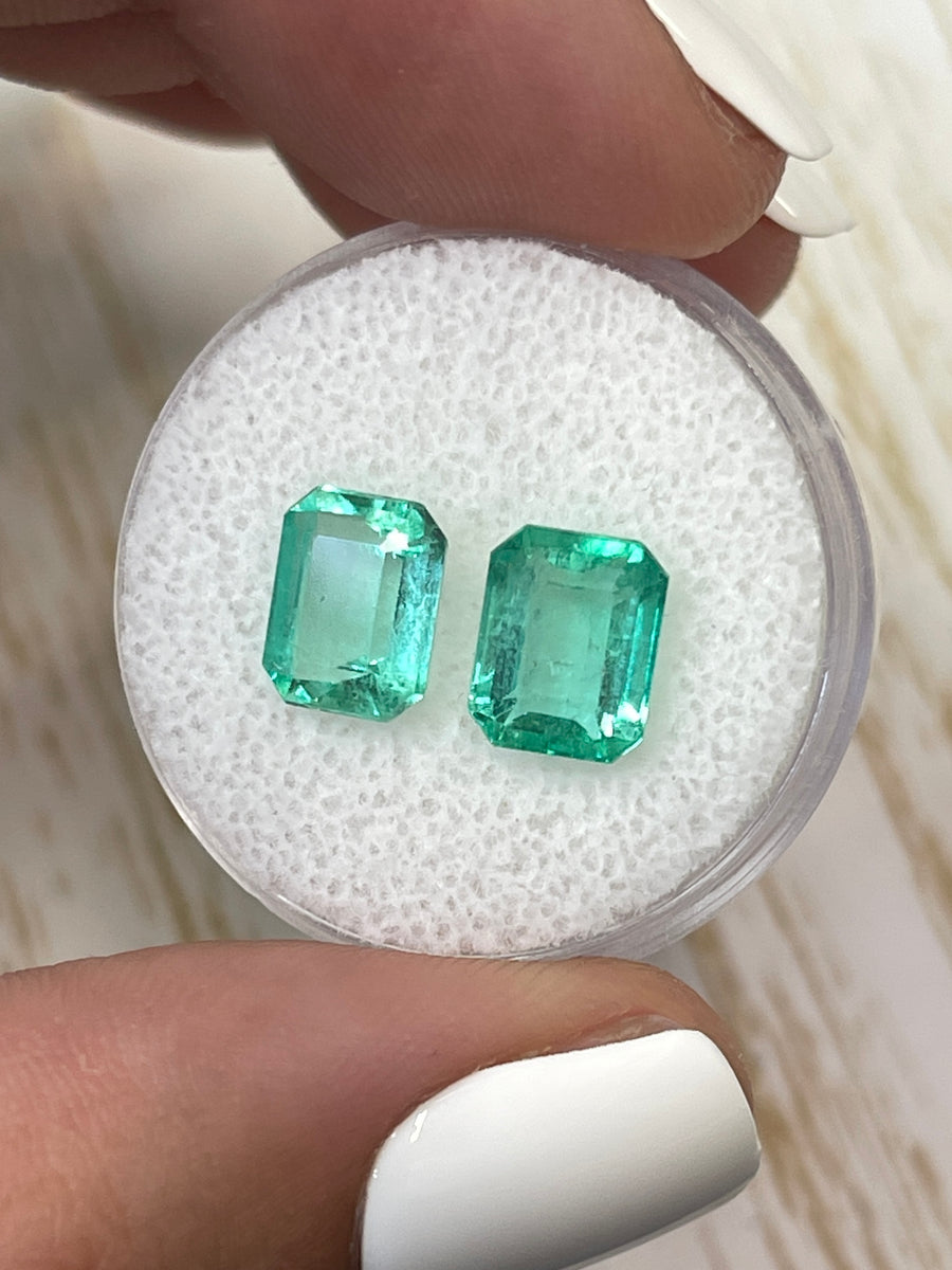 Pair of Emerald Cut Colombian Emerald Gemstones - 4.06 Carats Total Weight, Uniform Green Hue, 8.5x6.5 Size