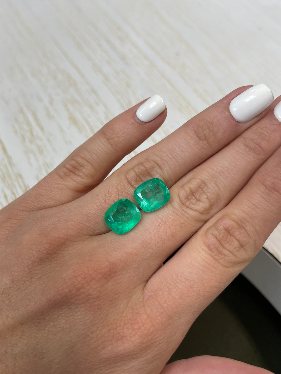 Gorgeous Pair of 11.11 Carat Cushion-Cut Colombian Emeralds
