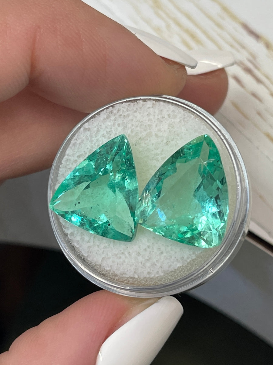 Pair of 15.76 Carat Natural Colombian Emerald Trillions, 15x13 mm Each
