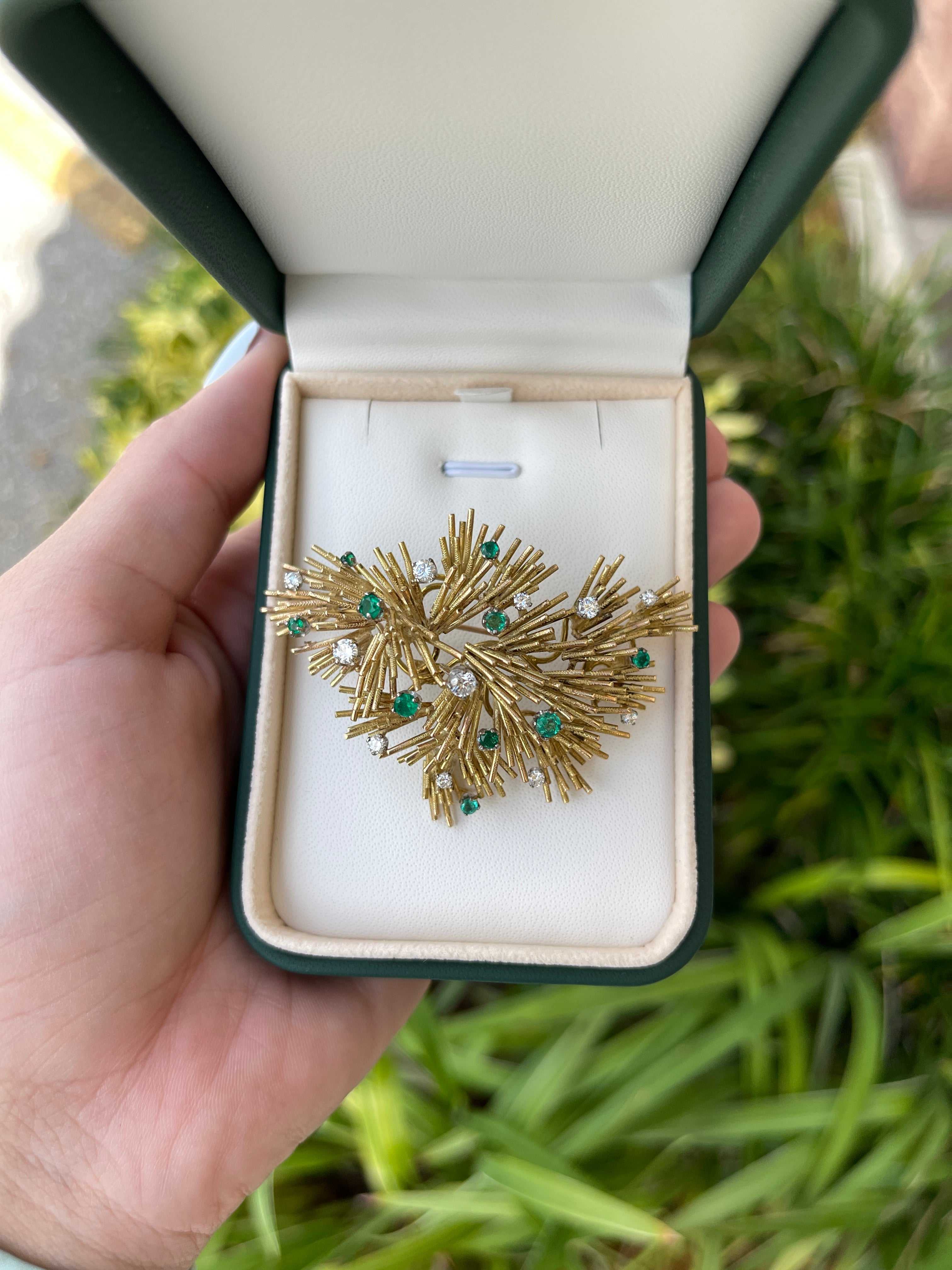 2.05tcw Colombian Emerald & Diamond Gold Sea Urchin Brooch 18K