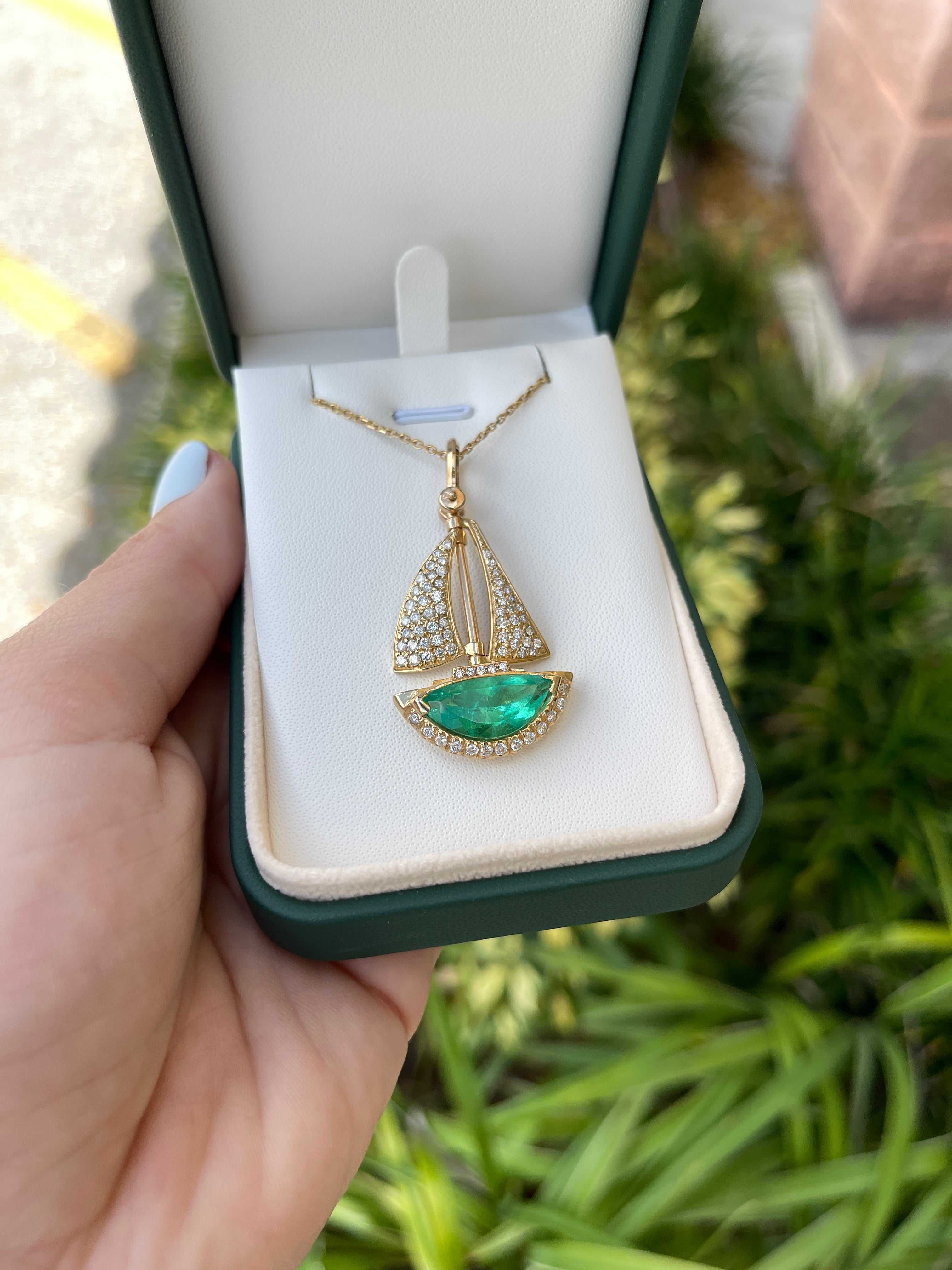 6.61tcw AAA Quality Half Moon Colombian Emerald & Diamond Hand Made Sail Boat 14K