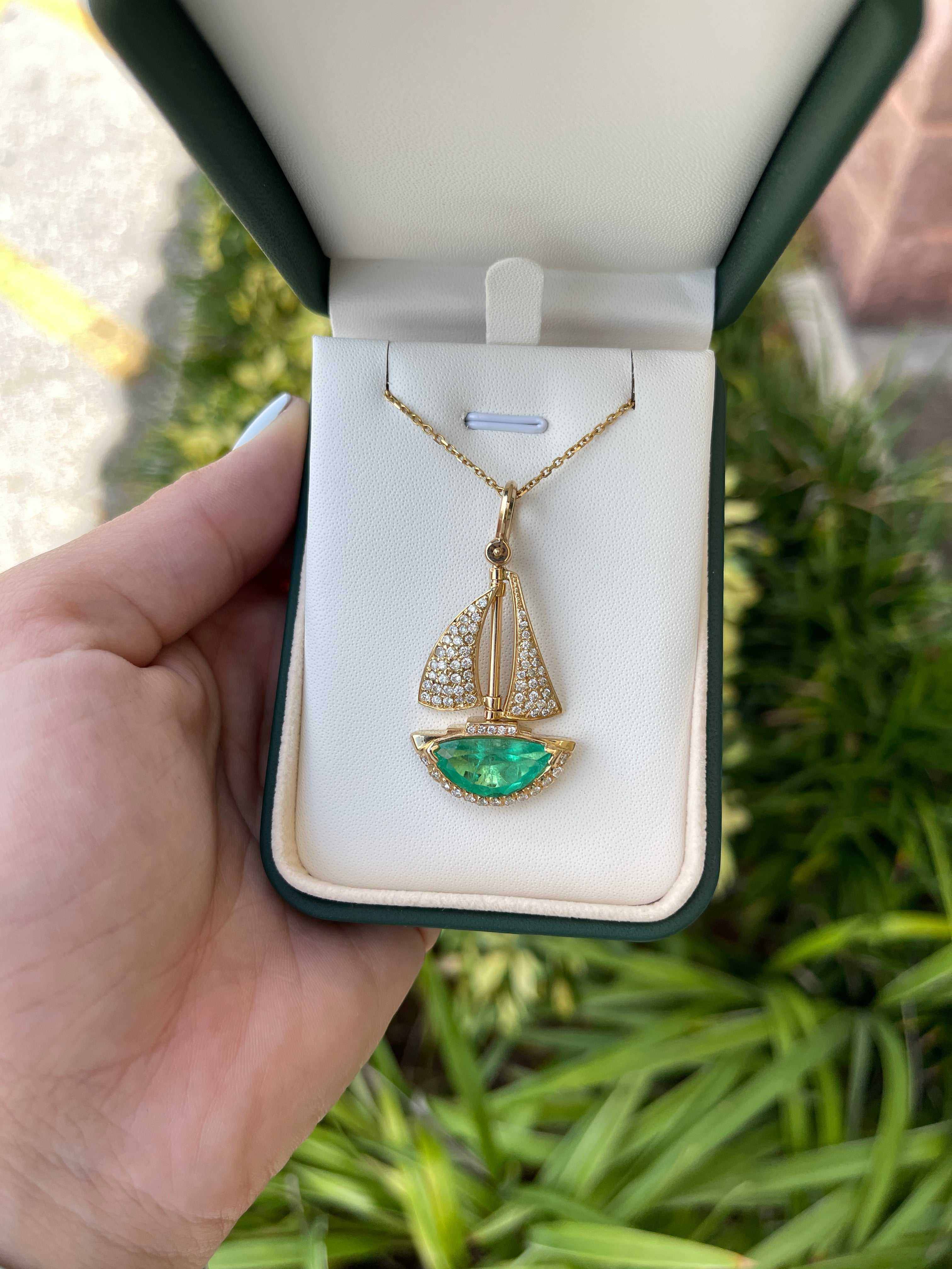 6.61tcw AAA Quality Half Moon Colombian Emerald & Diamond Hand Made Sail Boat 14K