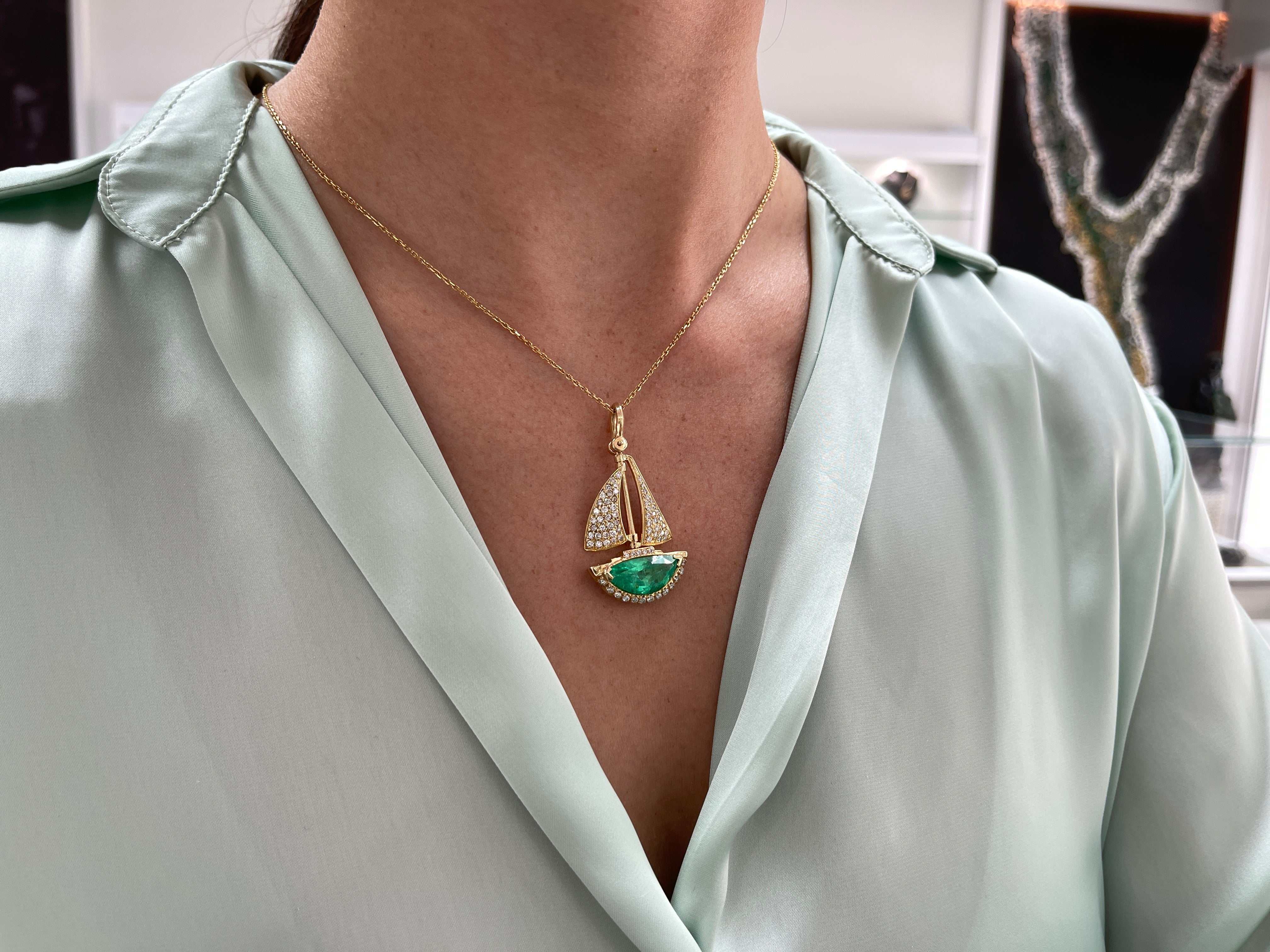6.61tcw AAA Quality Half Moon Colombian Emerald & Diamond Hand Made Sail Boat 14K