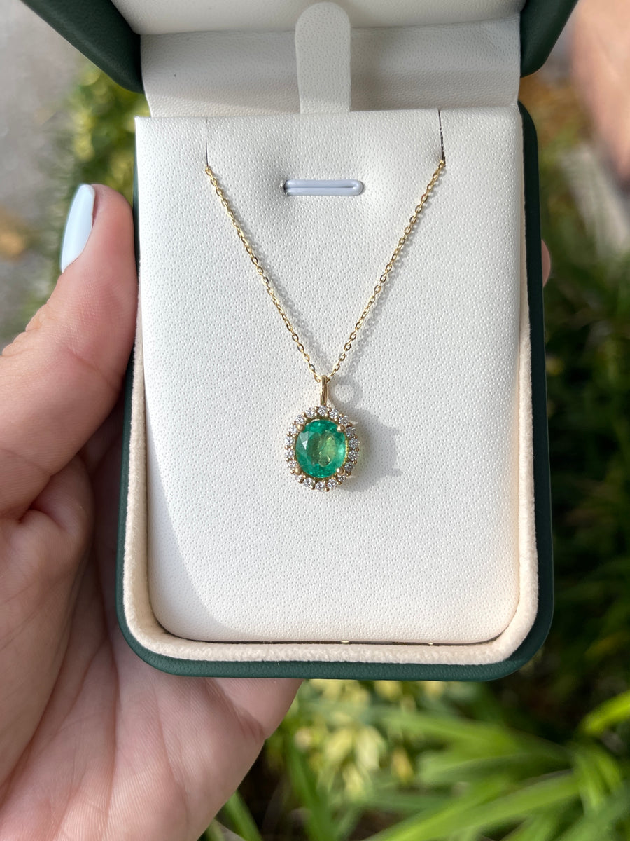 3.25tcw Emerald Oval & Diamond Halo Necklace Gold 14K