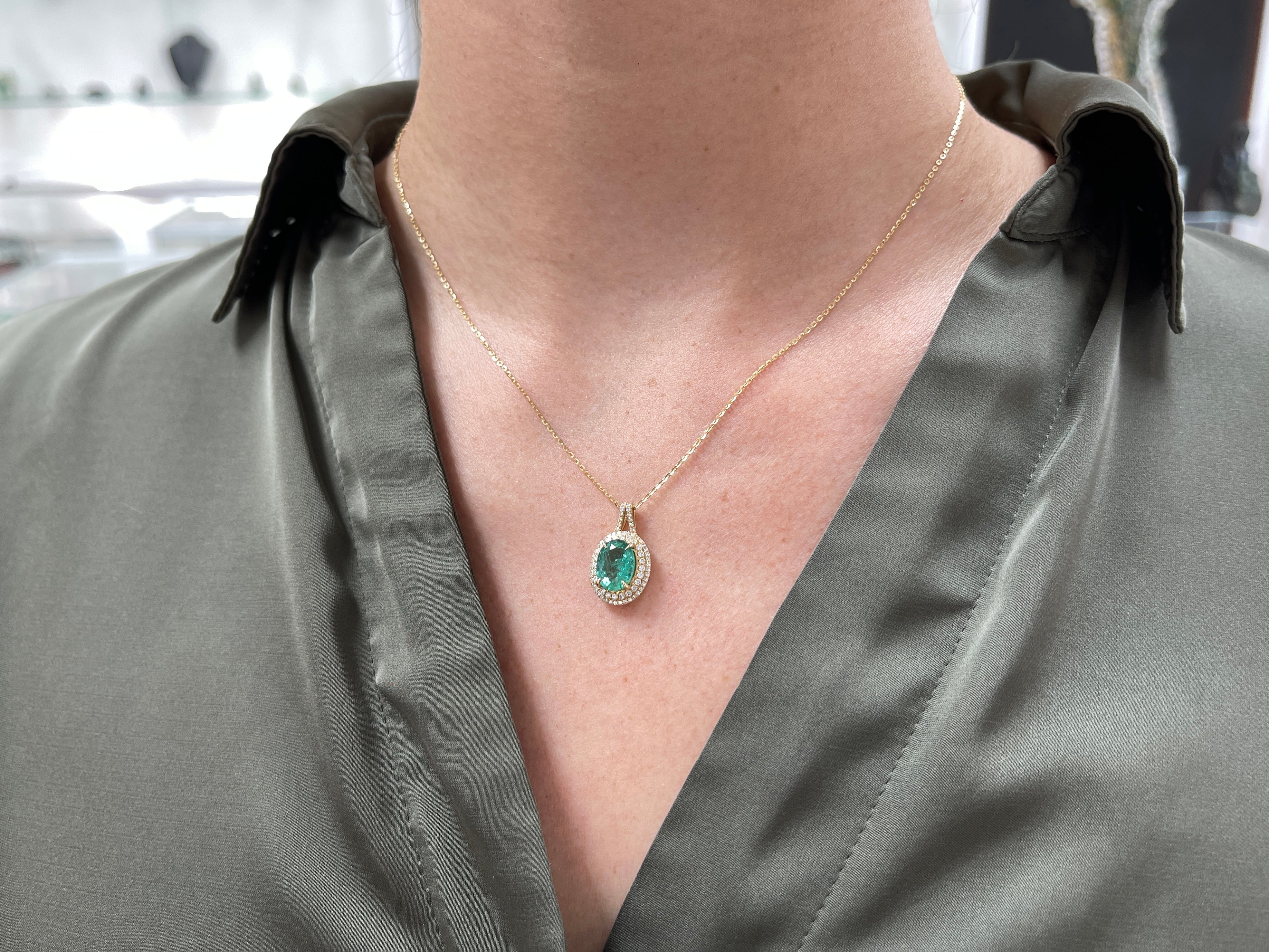 2.84tcw Natural Emerald-Oval Cut & Diamond Double Halo Necklace 14K - JR Colombian Emeralds