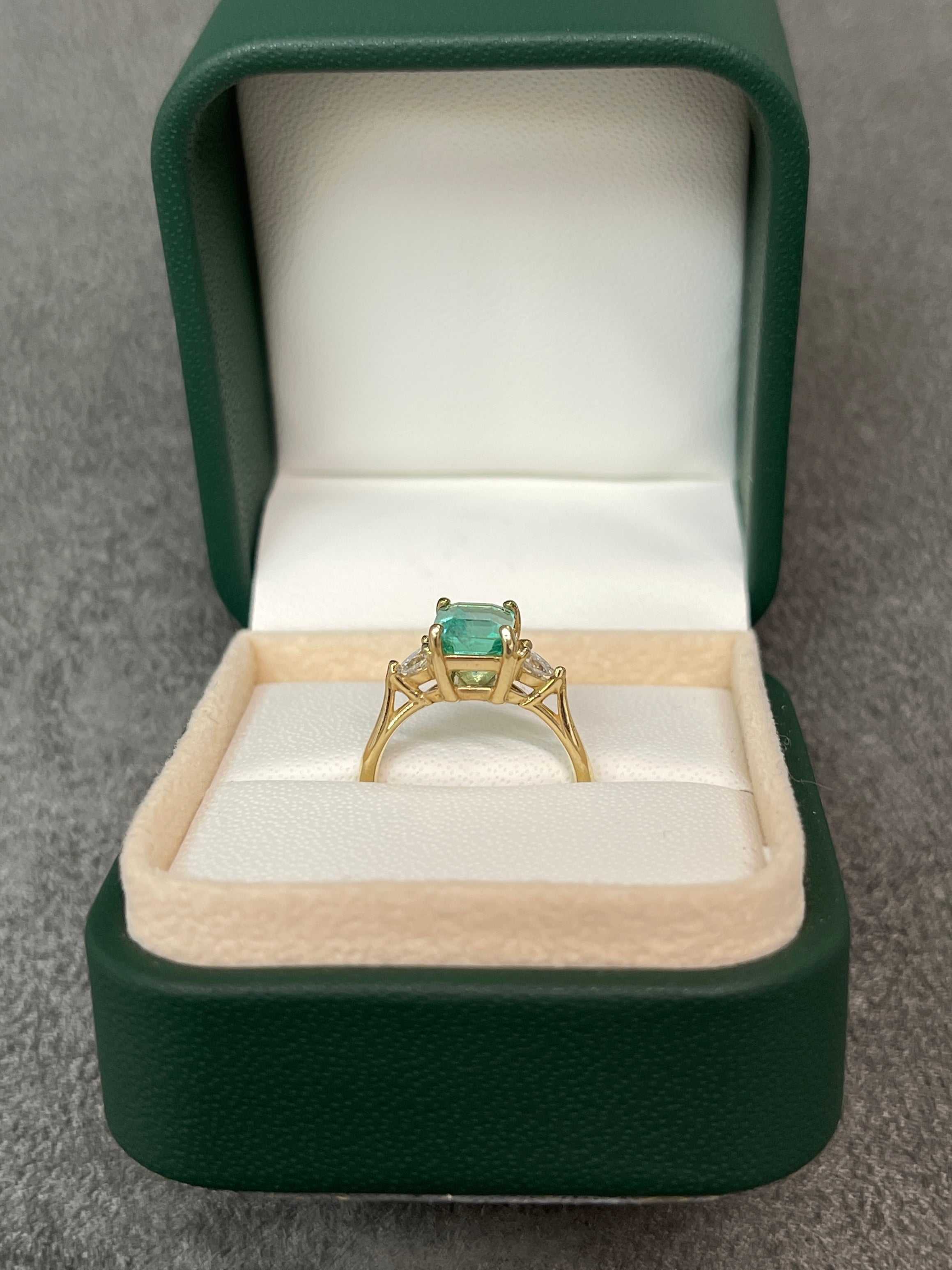 1.59tcw Emerald Three Stone Pear Diamond Ring Yellow Gold 14K