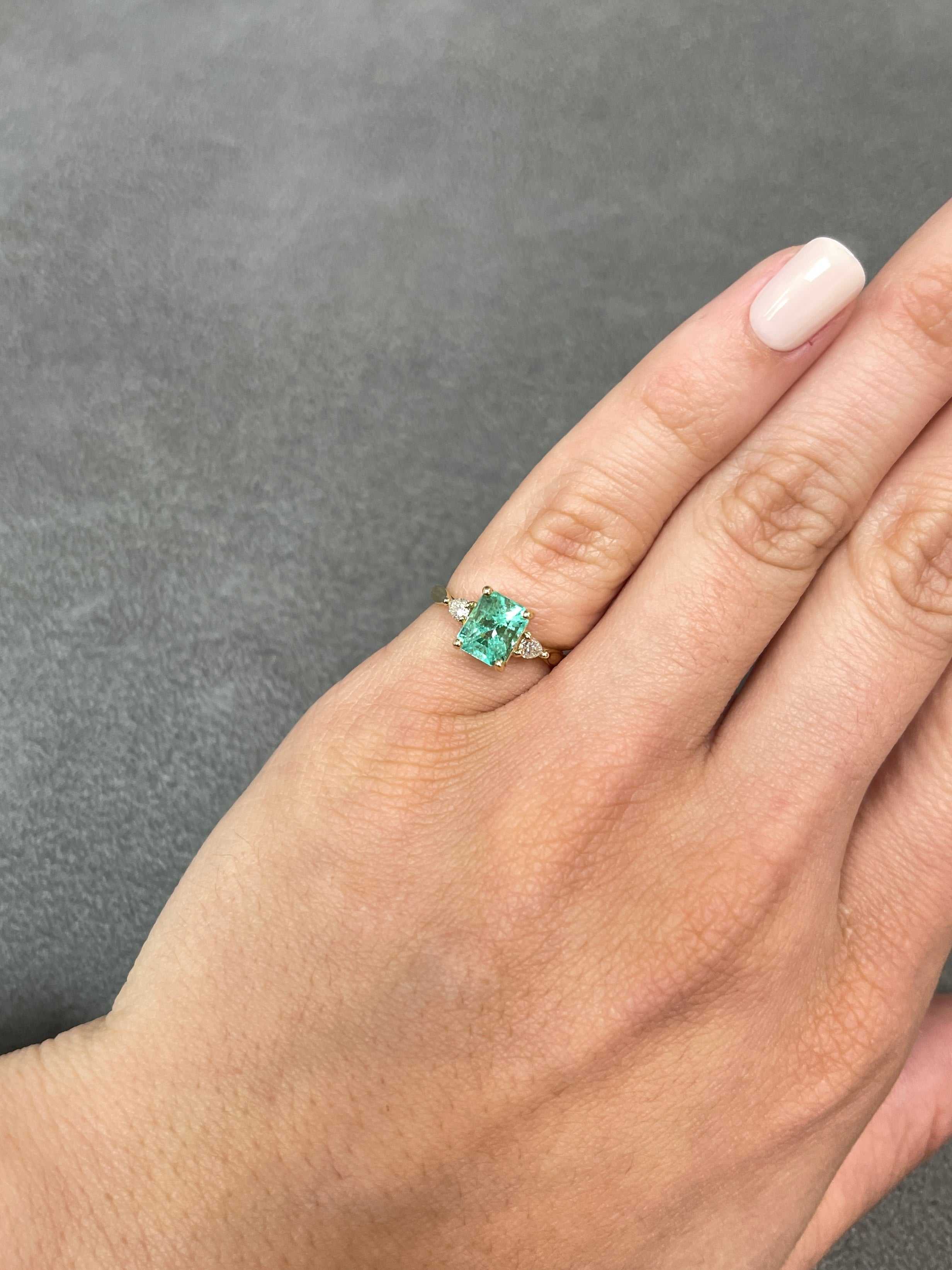 1.59tcw Emerald Three Stone Pear Diamond Ring Yellow Gold 14K