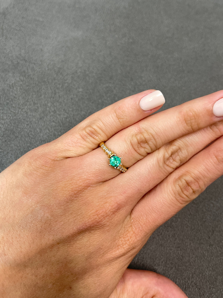 Eternal Radiance: 14K Gold Ring with 0.97tcw Modern Round 6 Prong Emerald & Bezel Diamond - A Timeless Beauty