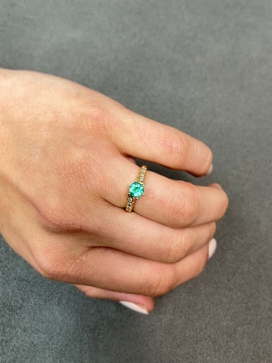 Modern Round 6 Prong Emerald & Bezel Diamond Bypass Ring