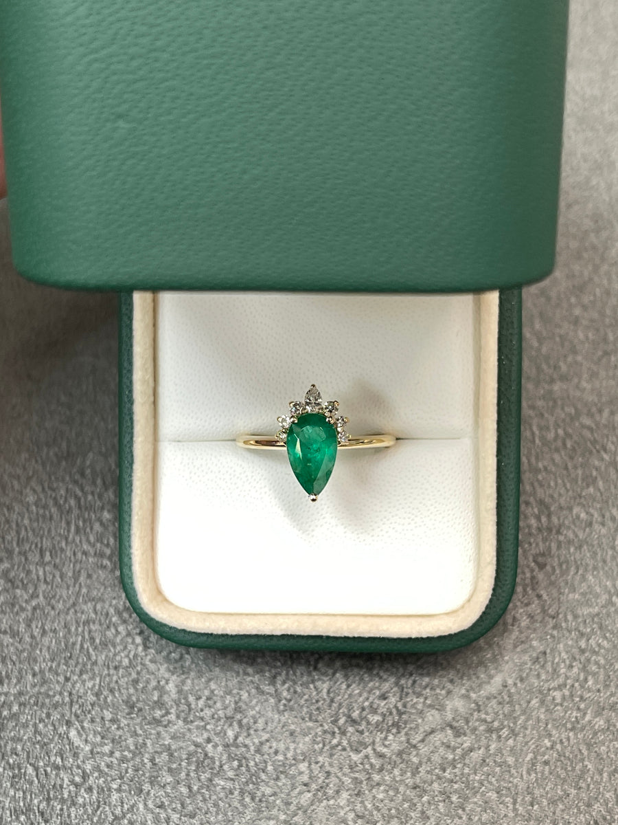 Exquisite Elegance: 1.51tcw Pear Shape Dark Green Emerald & Diamond Tiara Ring