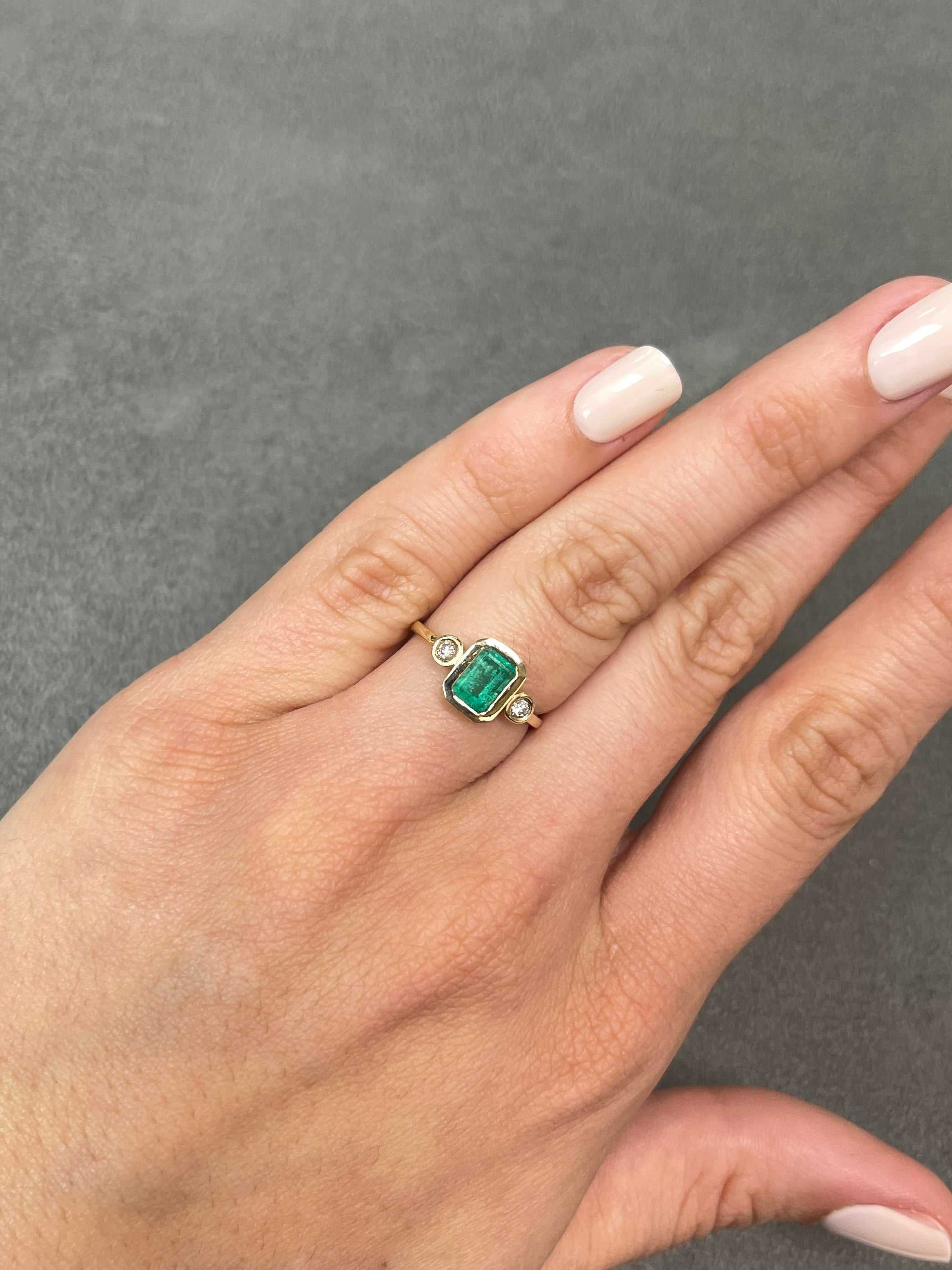 1.20tcw Bezel Set Three Stone Emerald & Diamond Ring 14K