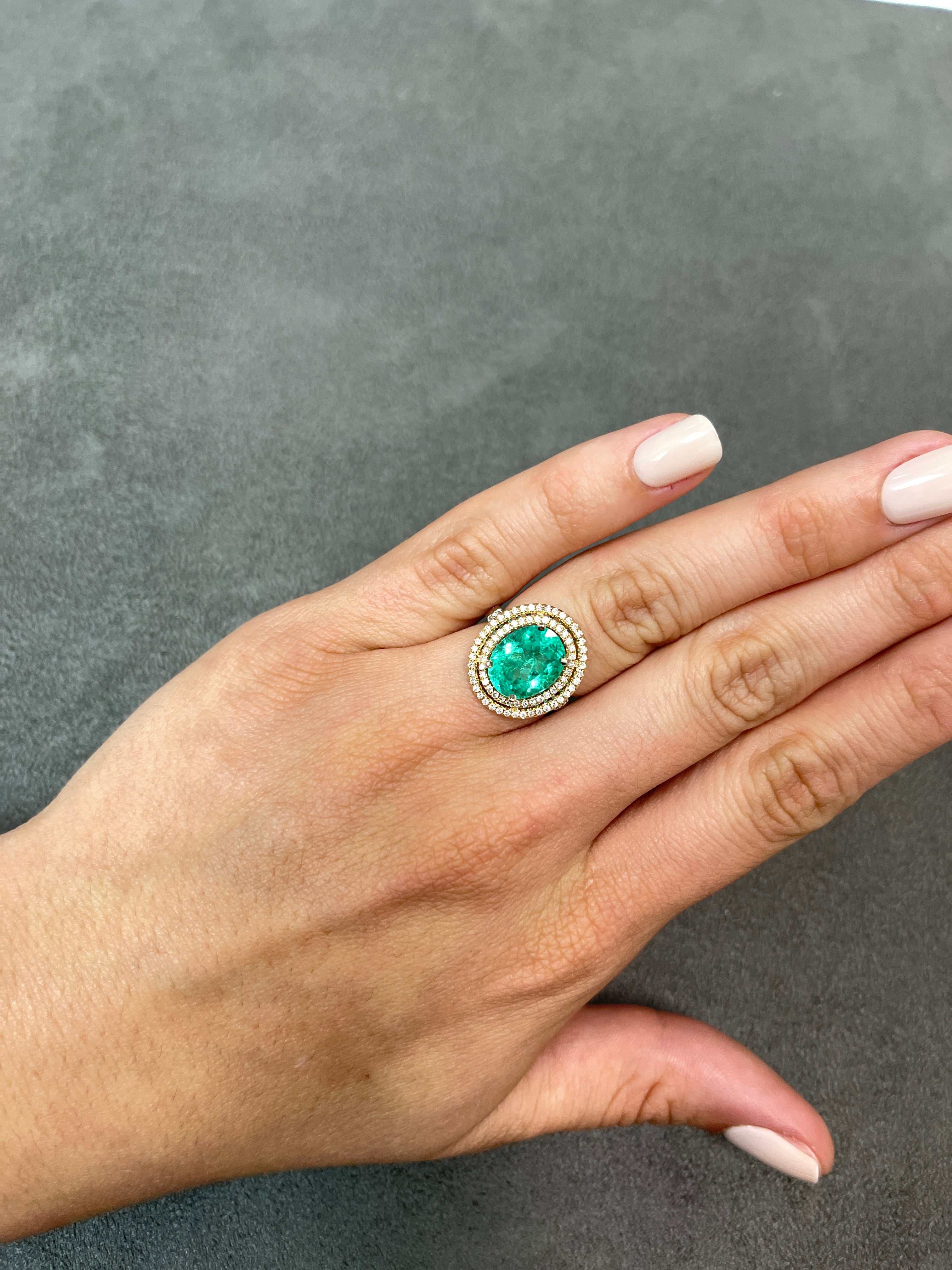 4.50tcw Stunning Natural Emerald Oval & Diamond Halo Statement Ring Gold 18K