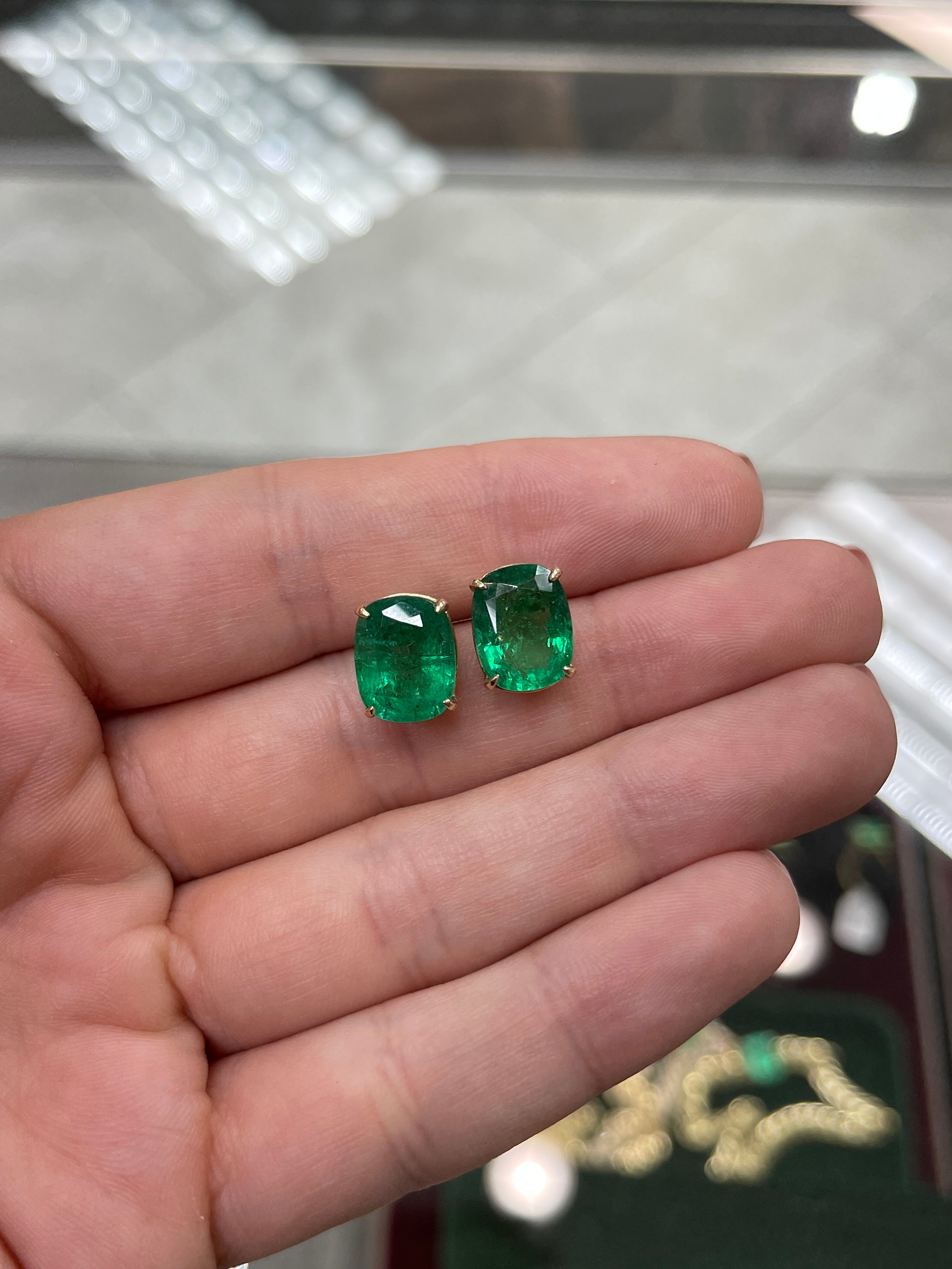 AAA Fine Quality 8.25tcw  Natural Emerald-Cushion Cut Handmade Stud Emerald Earrings 18K Gold