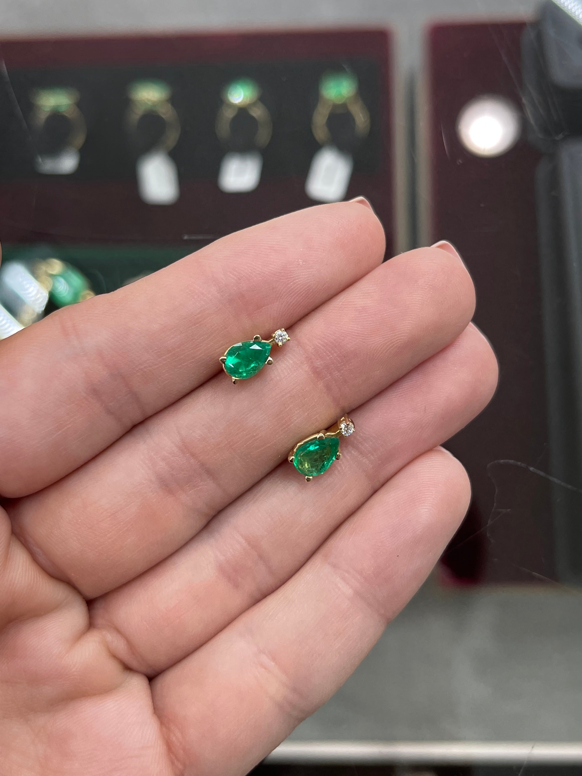 1.41tcw 14K Colombian Emerald-Pear Cut & Diamond Accent Stud Two Stone Earrings gifts for her
