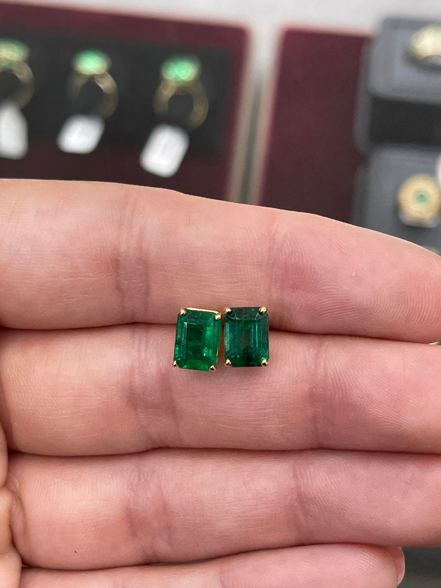 5.0 Carat Pair AAA Top Quality Dark Green Natural Emerald Cut Emerald Studs in 18K yellow Gold gift for her