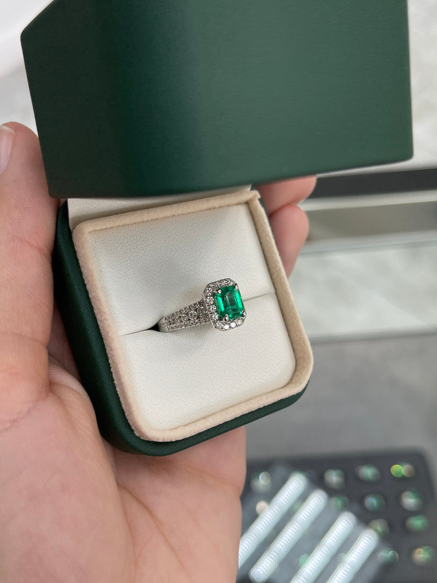2.0tcw Emerald Cut Emerald Diamond Halo White Gold Ring 14K