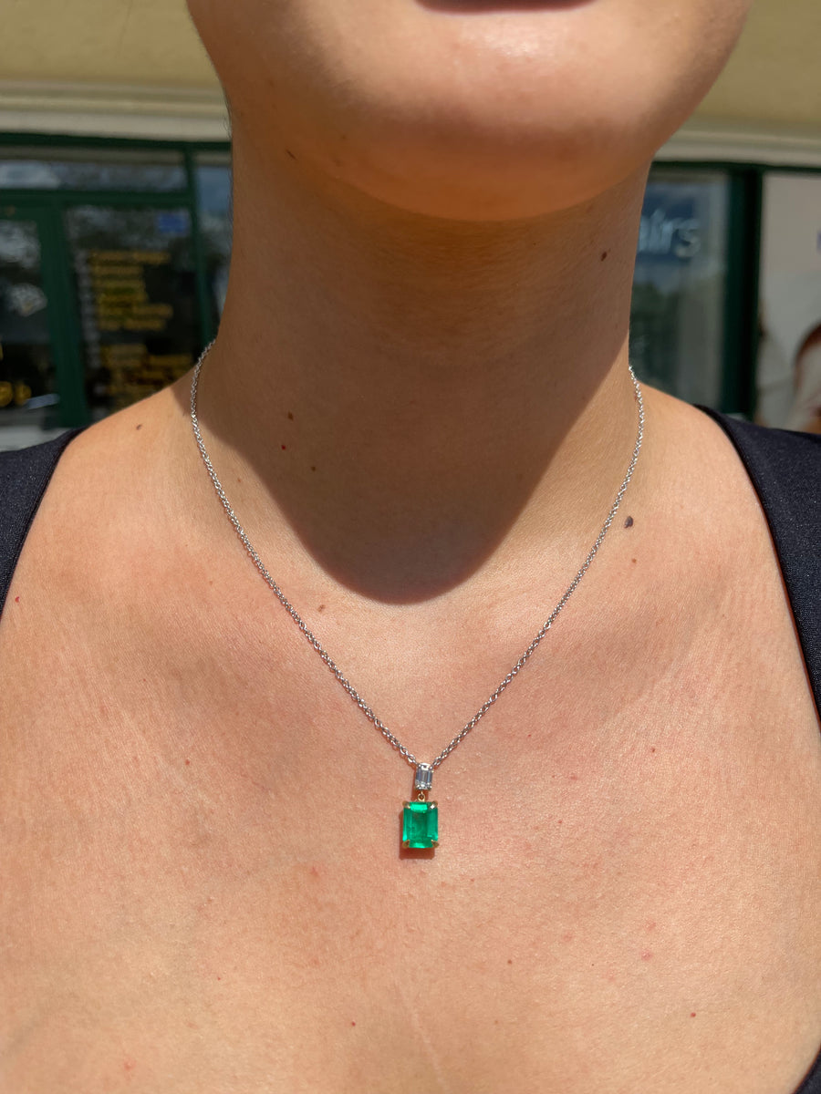 2.95tcw Emerald Cut Vivid Green Colombian Emerald & Emerald Cut Diamond Dangle Necklace 18K