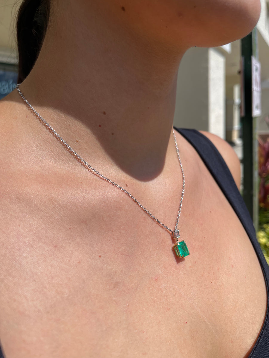 2.95tcw Emerald Cut Vivid Green Colombian Emerald & Emerald Cut Diamond Dangle Necklace 18K