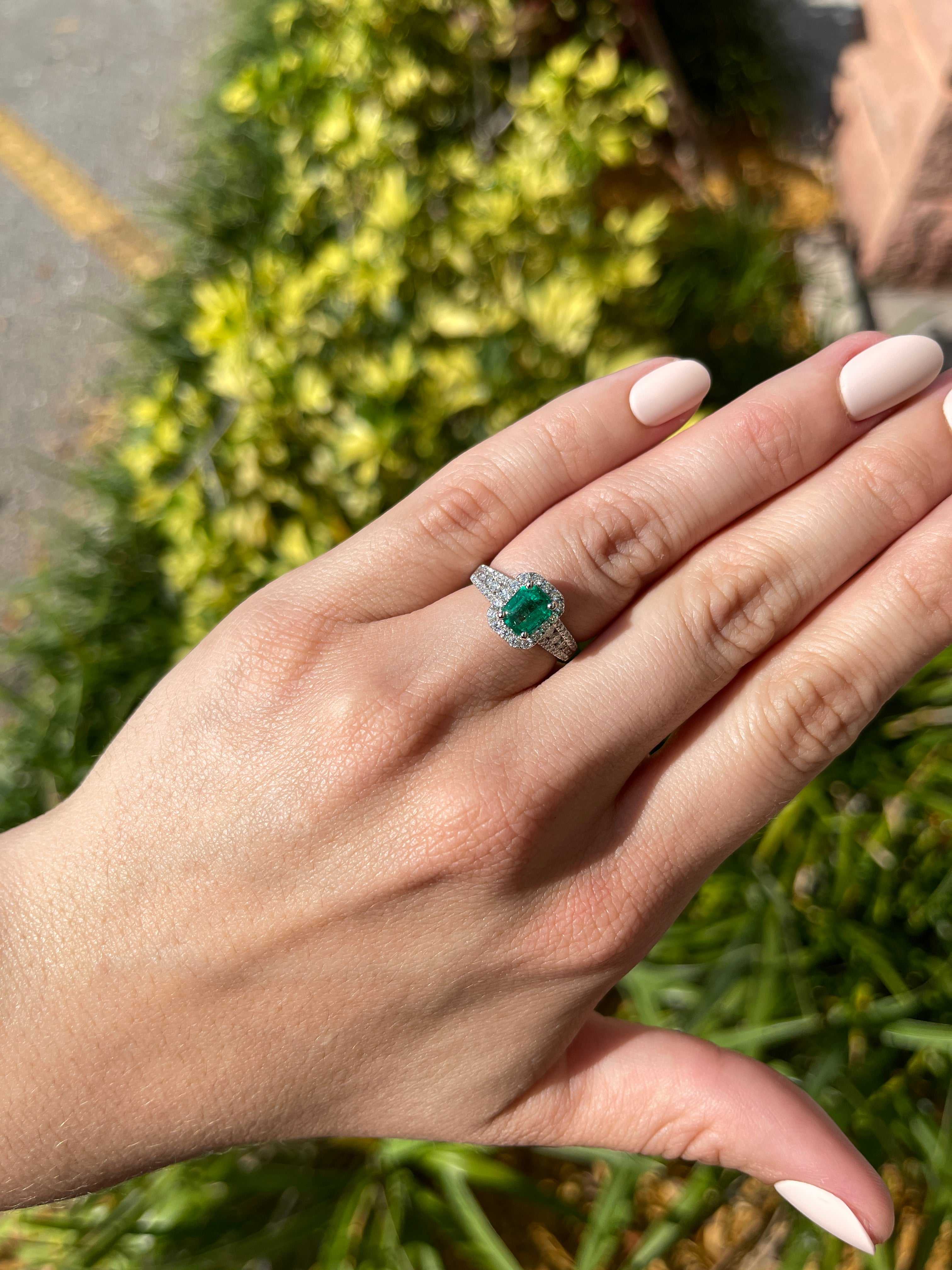 2.0tcw Emerald Cut Emerald Diamond Halo White Gold Ring 14K