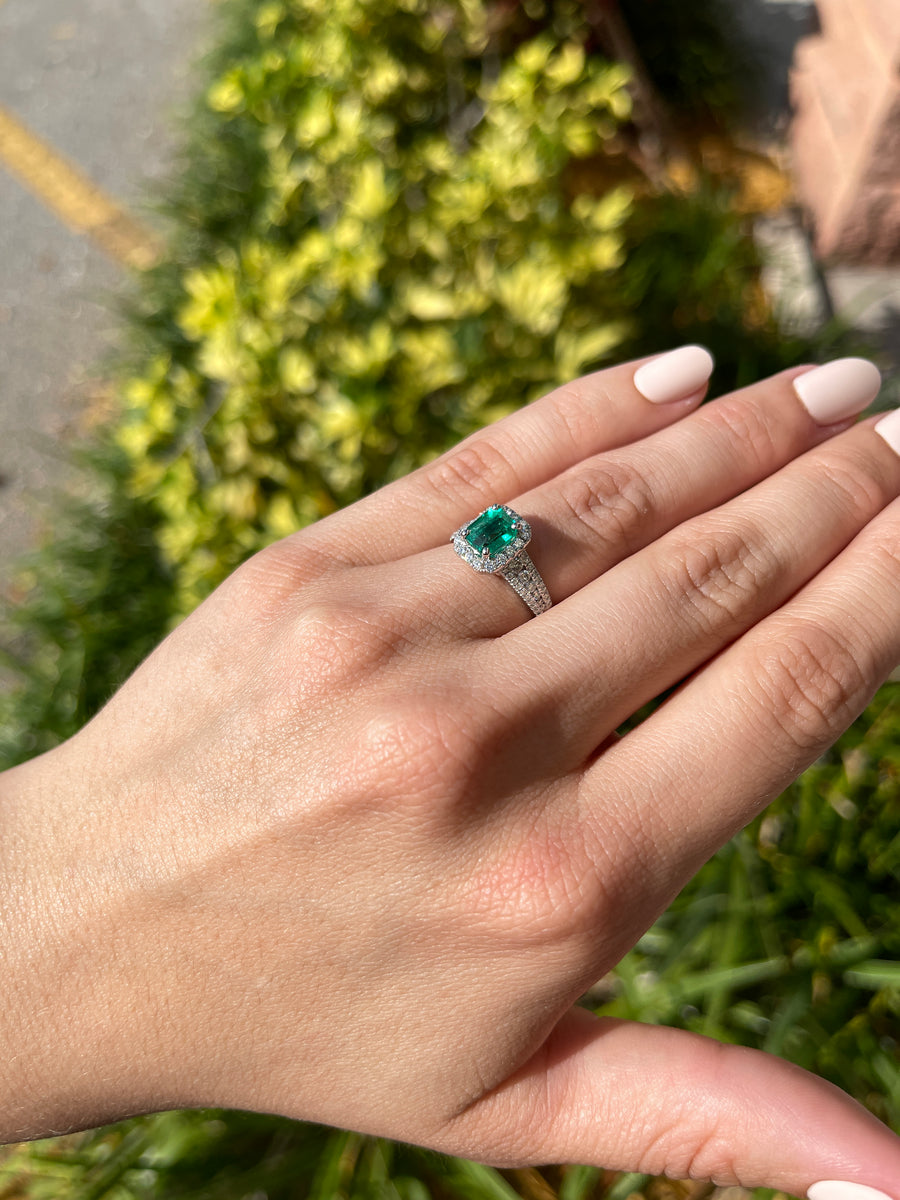 Emerald Diamond Halo White Gold Ring