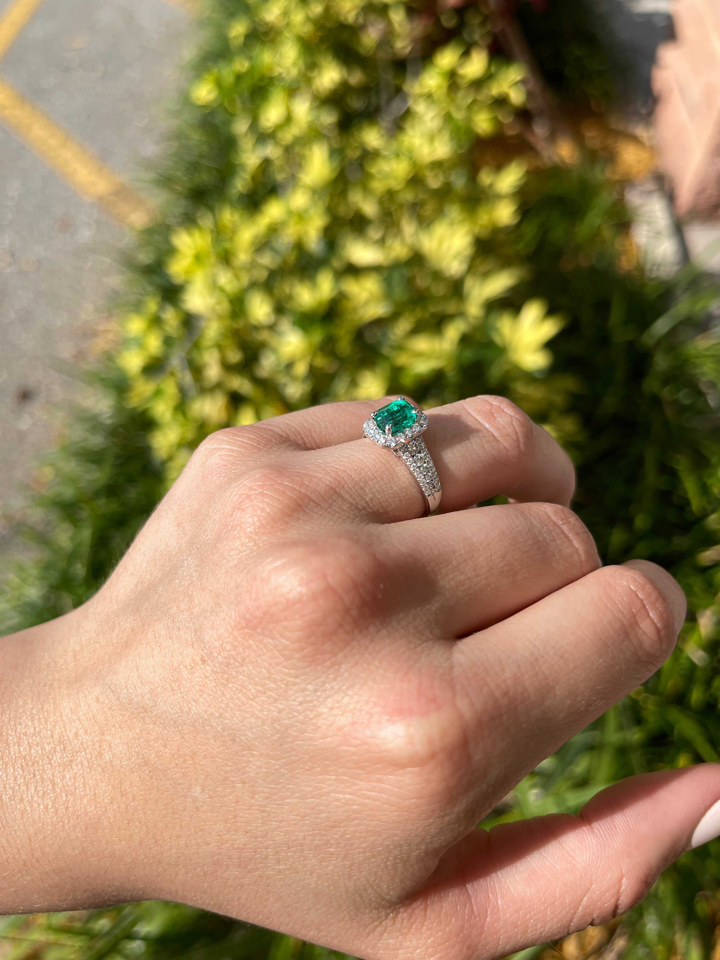 2.0tcw Emerald Cut Emerald Diamond Halo White Gold Ring 14K
