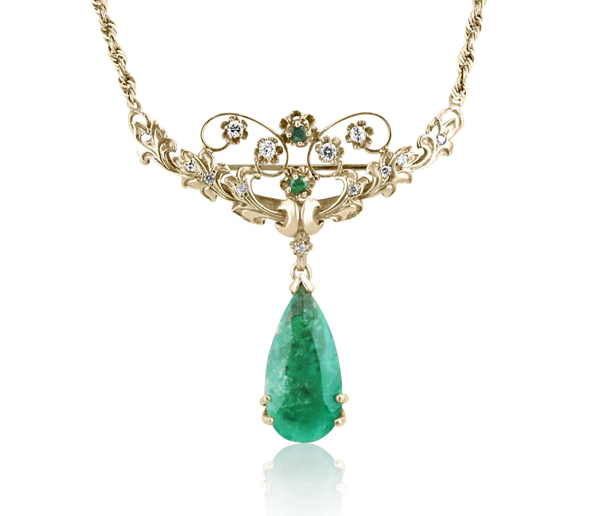 14.97tcw Vintage Pear Colombian Emerald & Diamond Necklace/Brooch 14K