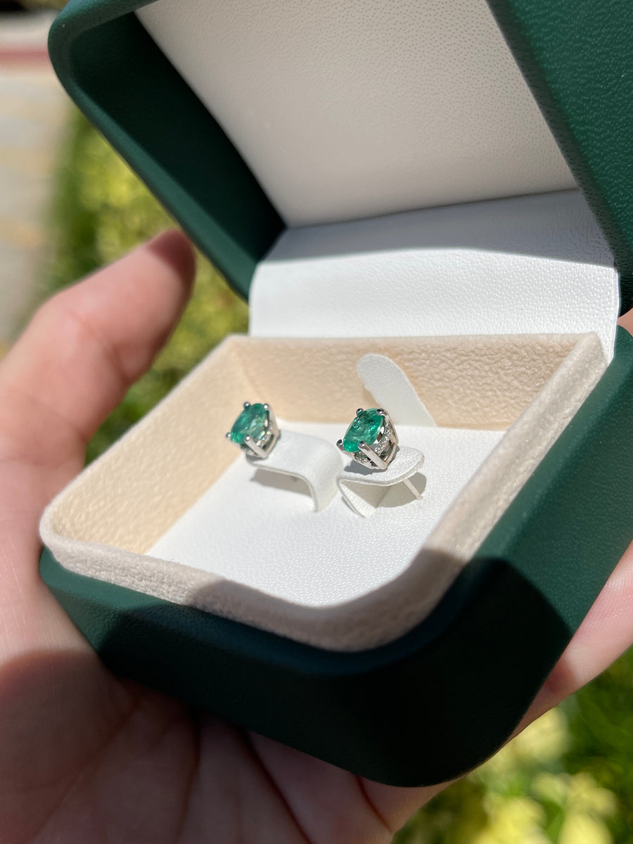 1.95tcw Natural Oval Emerald & Diamond Hidden Halo Stud Earrings 14K