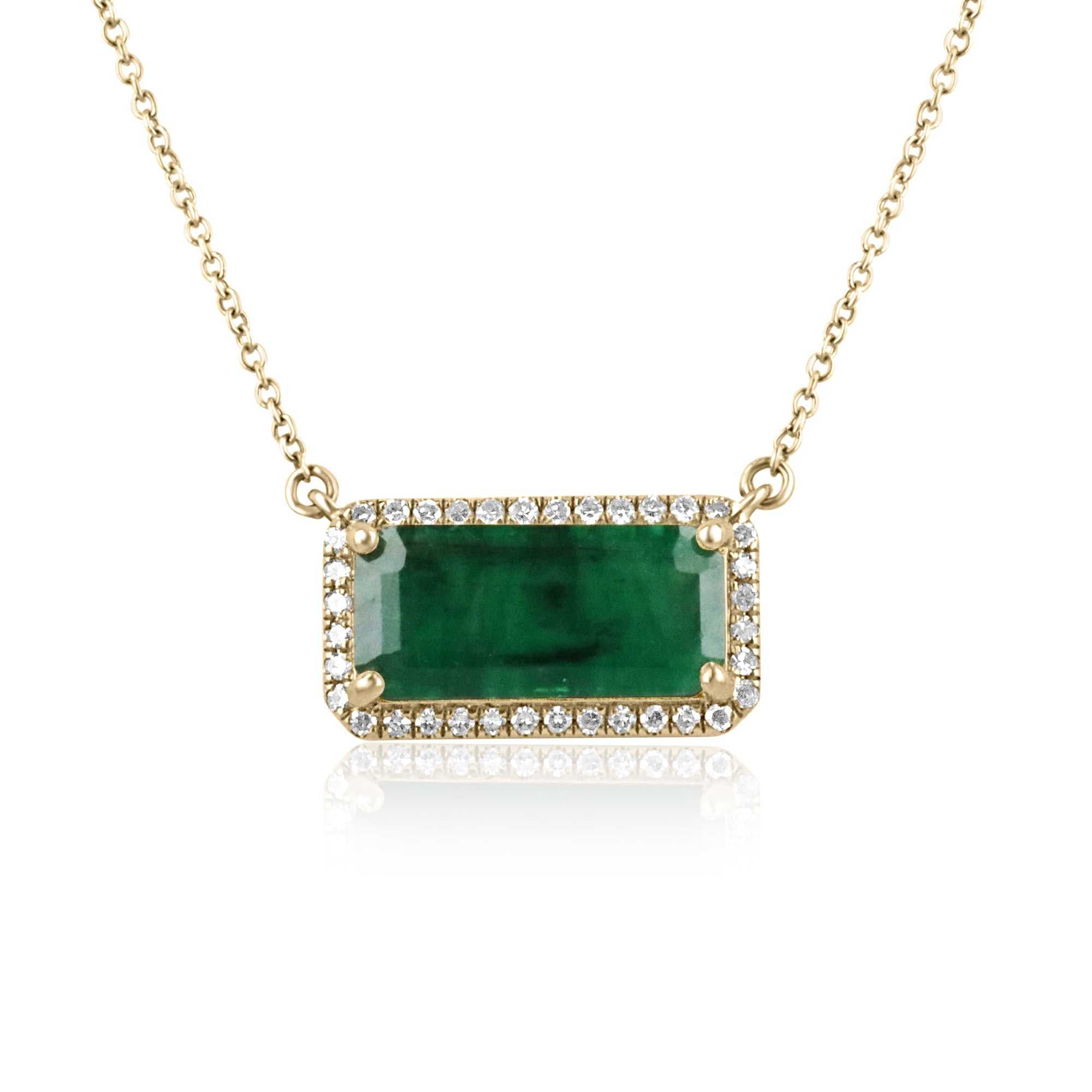 14K gold necklace with natural emerald and diamond halo pendant