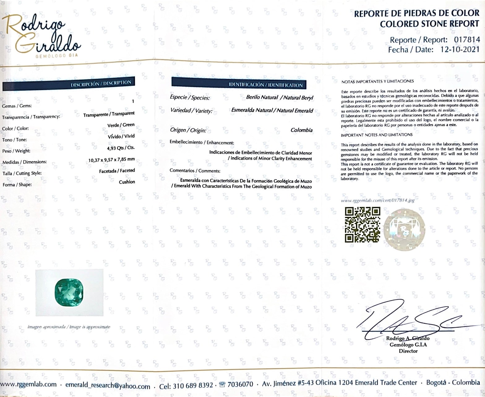 4.93 Carat Minor Oil 10.5 x 9.5 Vivid Bluish Natural Loose Colombian Emerald-Cushion Cut