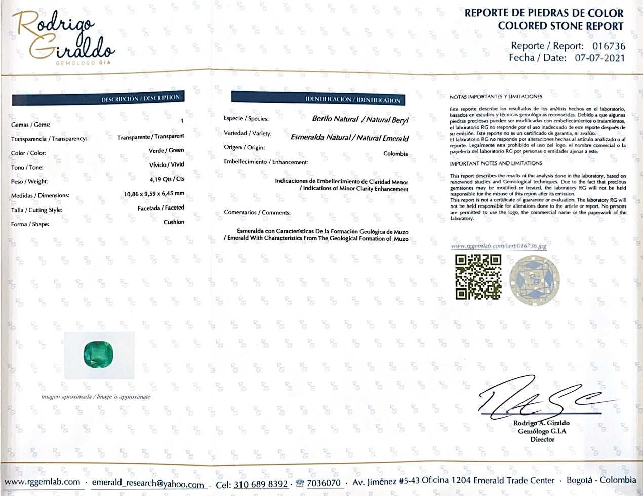 4.19 Carat Minor Oil 11x10 Vivid Muzo Green Natural Loose Colombian Em
