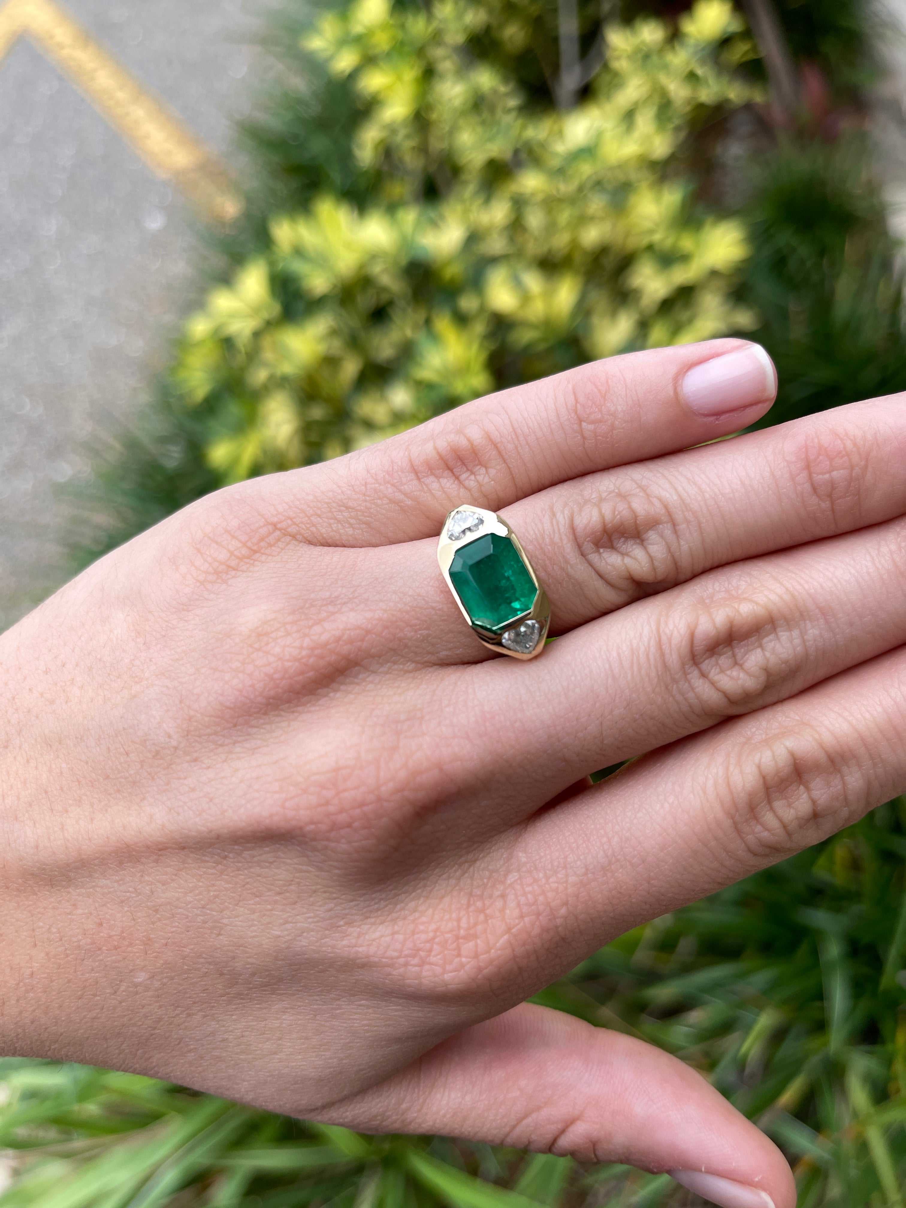 Heirloom 4.29tcw 18K 3 Stone Emerald & Heart Cut Diamond Bold Gypsy engagement Ring