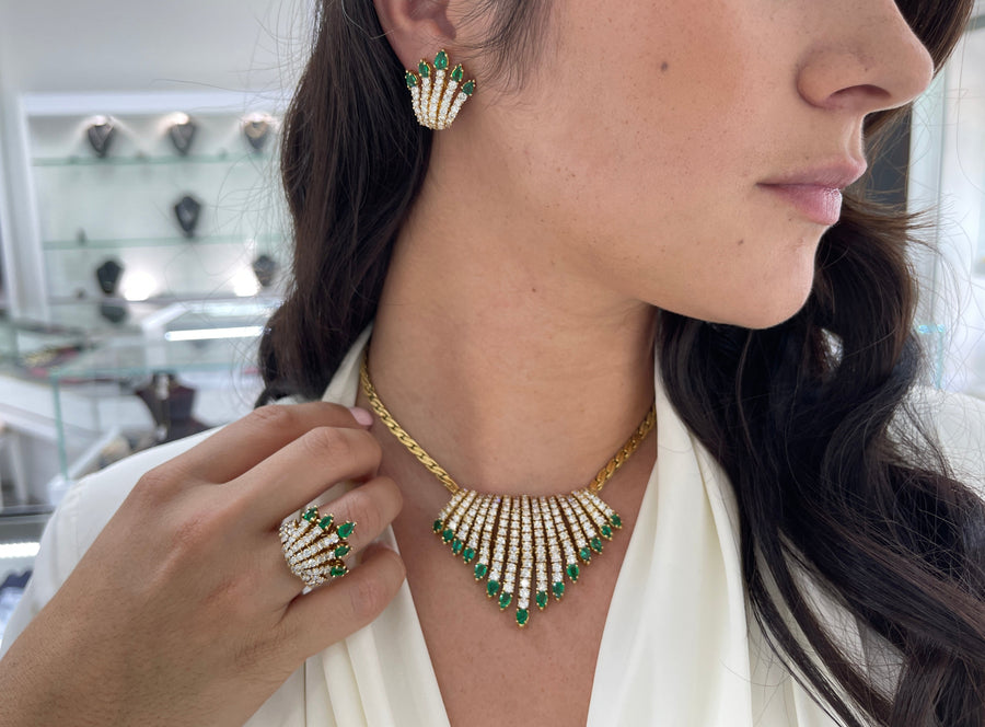 18.30tcw 18K AAA+ Colombian Emerald & Diamond Accent Bib Necklace
