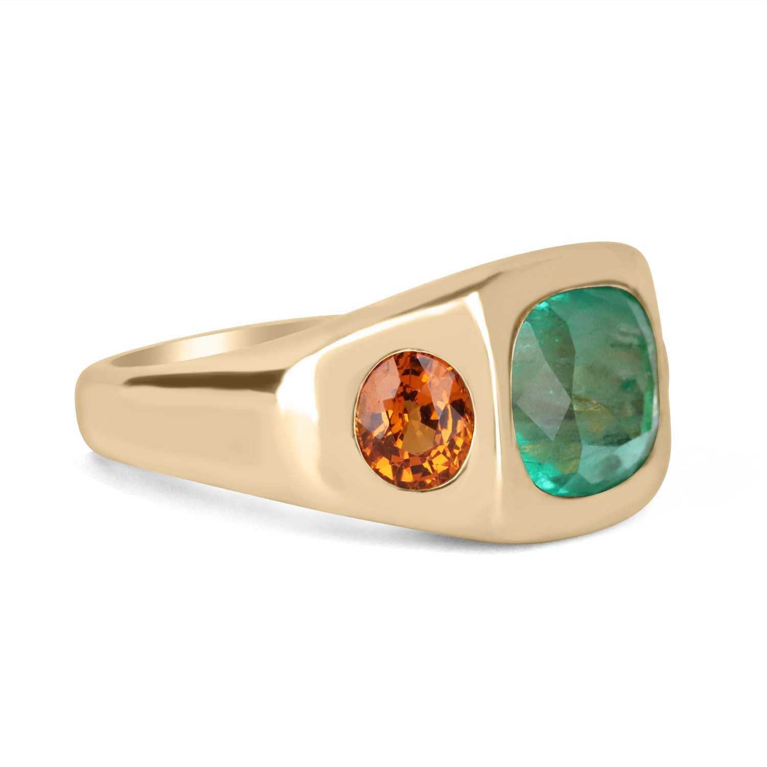 7.05tcw Three Stone Cushion Cut Emerald & Oval Orange Sapphire Signet Ring GIFT 14k