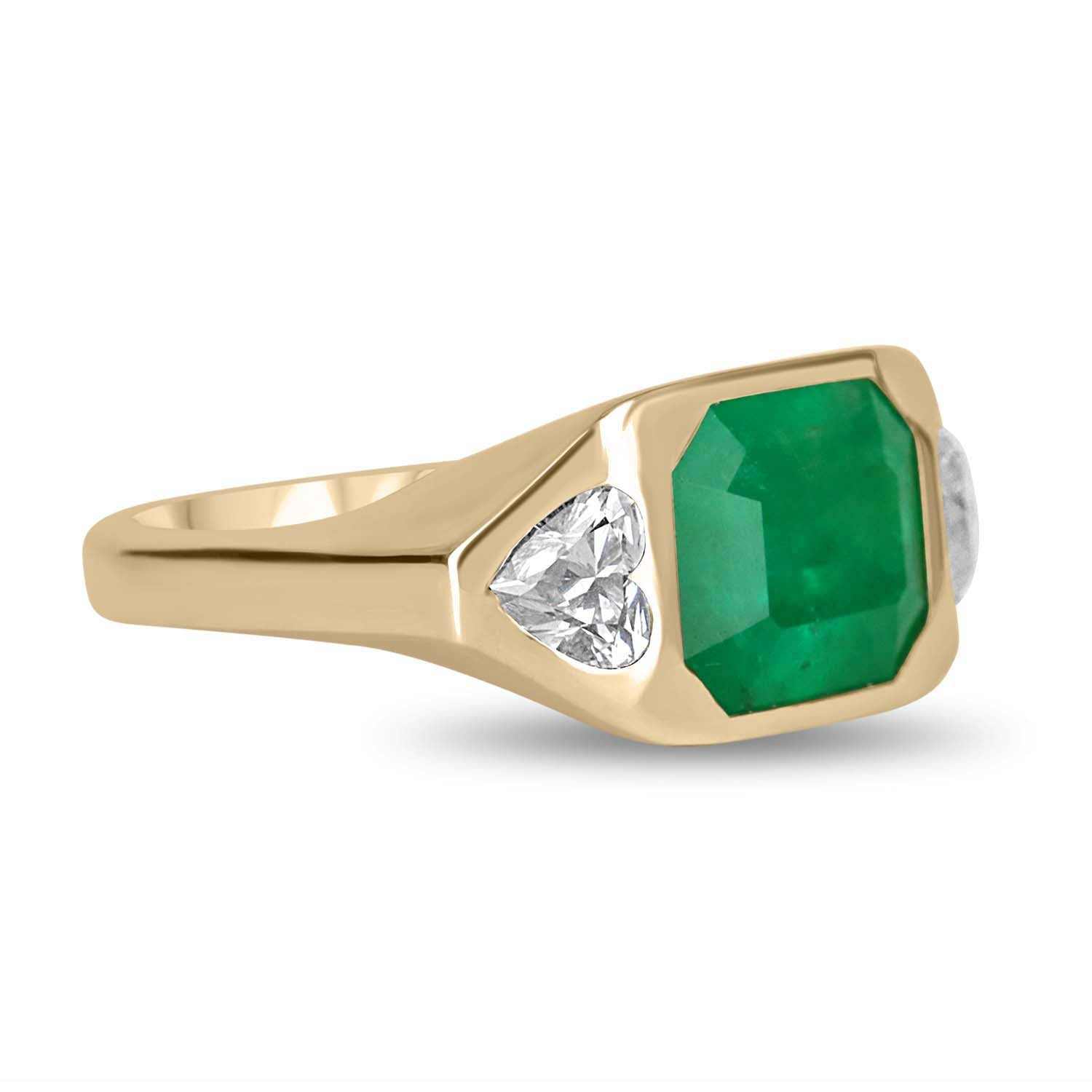 4.29tcw 18K Three Stone Emerald & Heart Cut Diamond Gypsy anniversary Ring