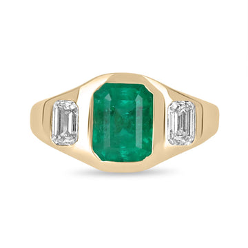 2.68tcw 18K North to south Three Stone Emerald & Emerald Cut Diamond Gypsy Ring