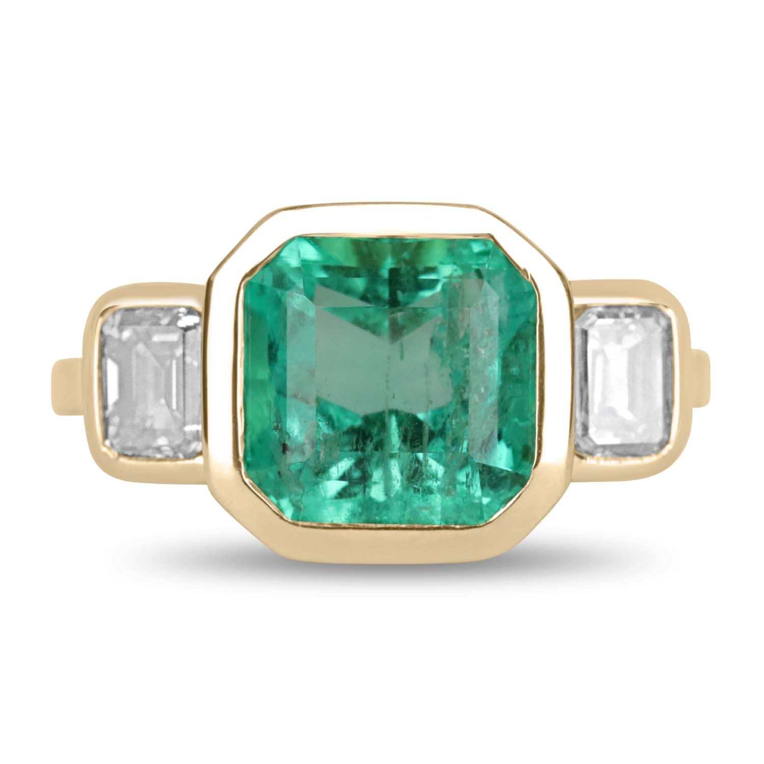 4.28tcw Bezel Set Three Stone Asscher Cut Emerald & Emerald Cut Diamond Ring 18K