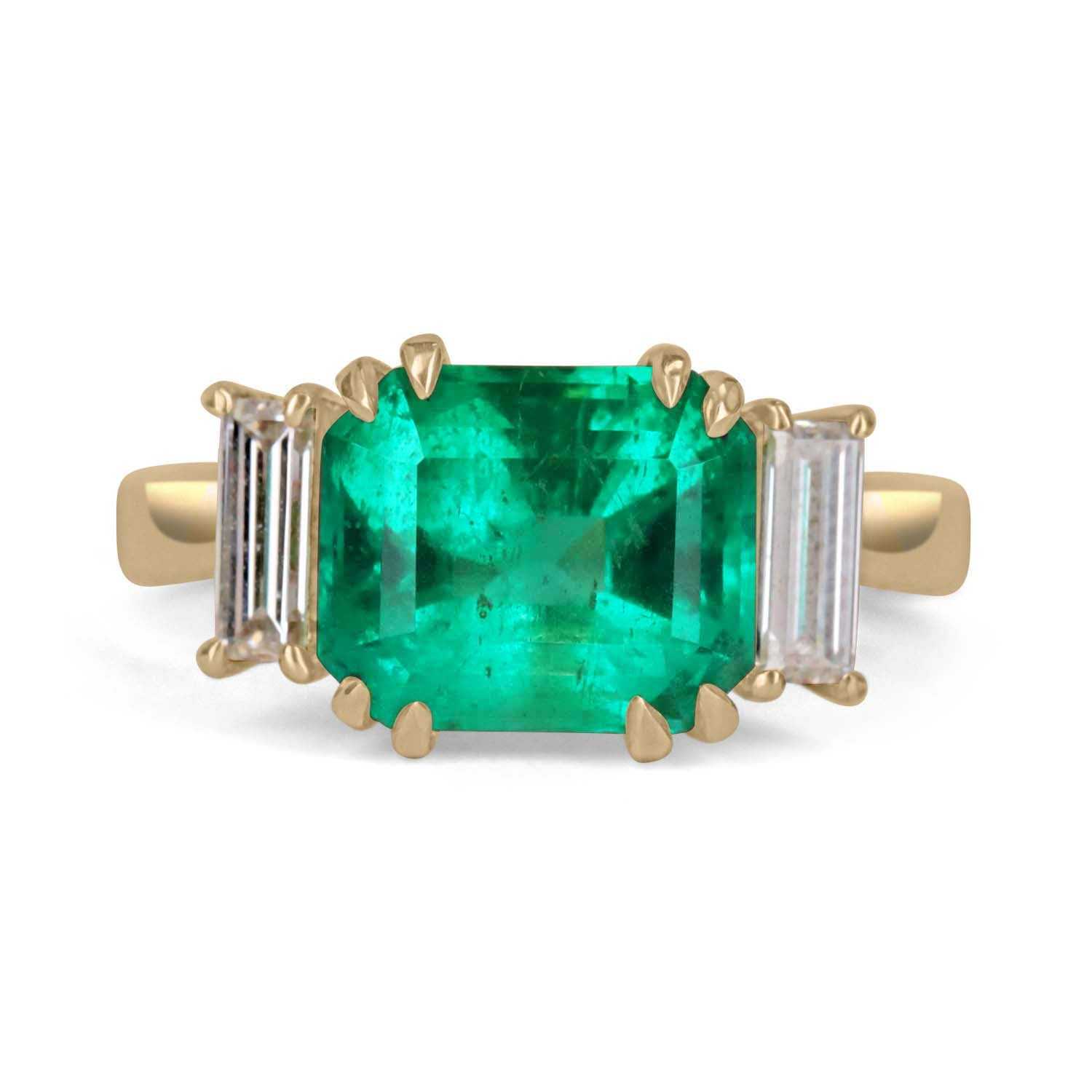 3.21tcw Three Stone Colombian Emerald & Diamond Baguette Two Toned Engagement Ring 18K