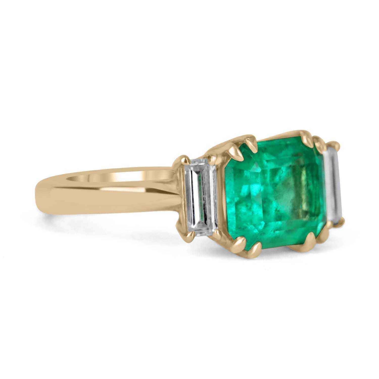3.21tcw Three Stone Colombian Emerald & Diamond Baguette Two Toned Engagement Ring 18K
