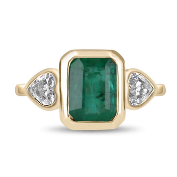 Trendy 2.54tcw Emerald Cut Emerald & Heart Cut Diamond Bezel Three Stone Ring Gold 14K