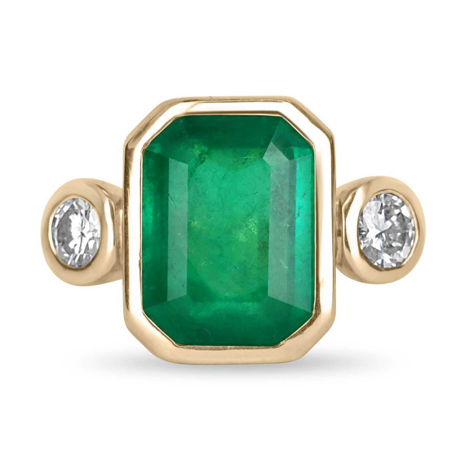 4.16tcw three stone dark green emerald and diamond bezel ring 18K