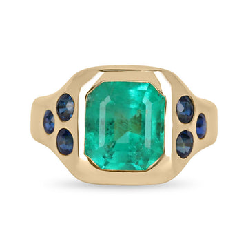 4.20tcw 18K Green Emerald & Blue Round Sapphire Gypsy Signet Gold Ring