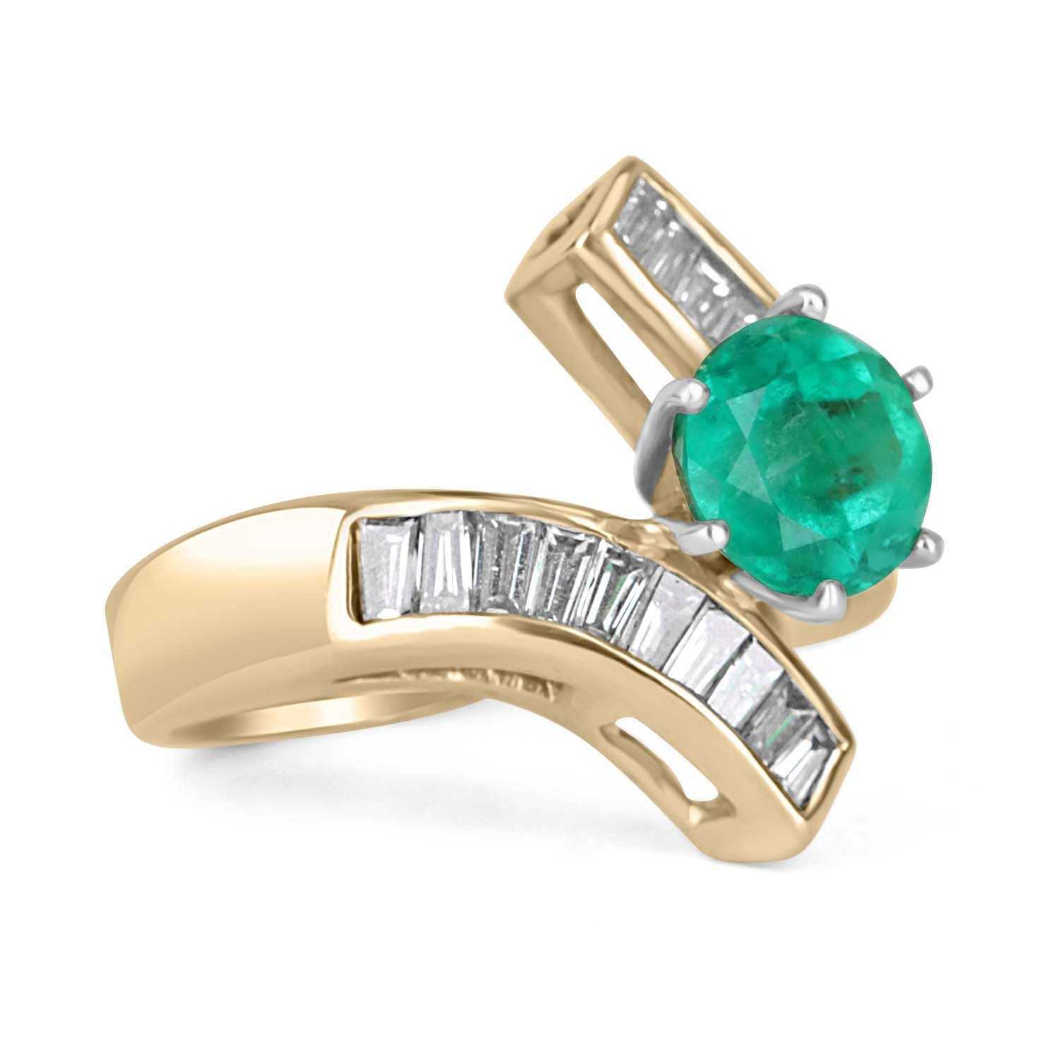 2.48tcw Natural Round Emerald & Baguette Diamond Cocktail Bypass Ring 14K