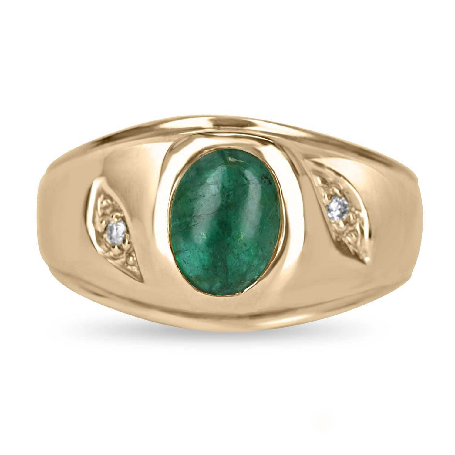 1.40tcw Oval Natural Emerald Cabochon & Diamond Three Stone Ring 10K