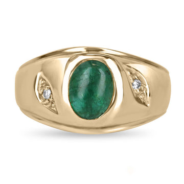 1.40tcw Oval Natural Emerald Cabochon & Diamond Three Stone Ring 10K