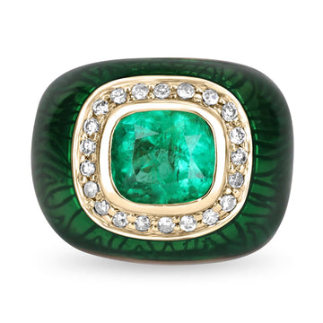 4.30tcw Cushion Cut Colombian Emerald Diamond & Enamel Mens Earrings 14K