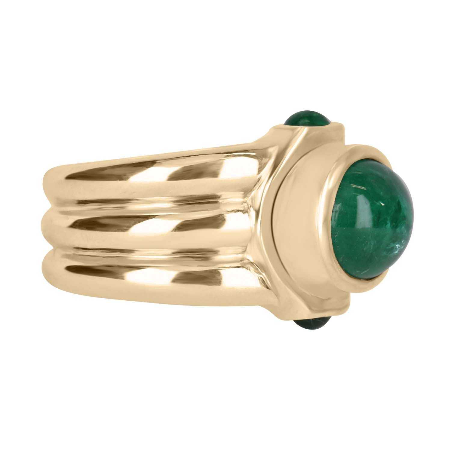 3.87tcw Natural Emerald Cabochon Three Stone Mens Ring 14K