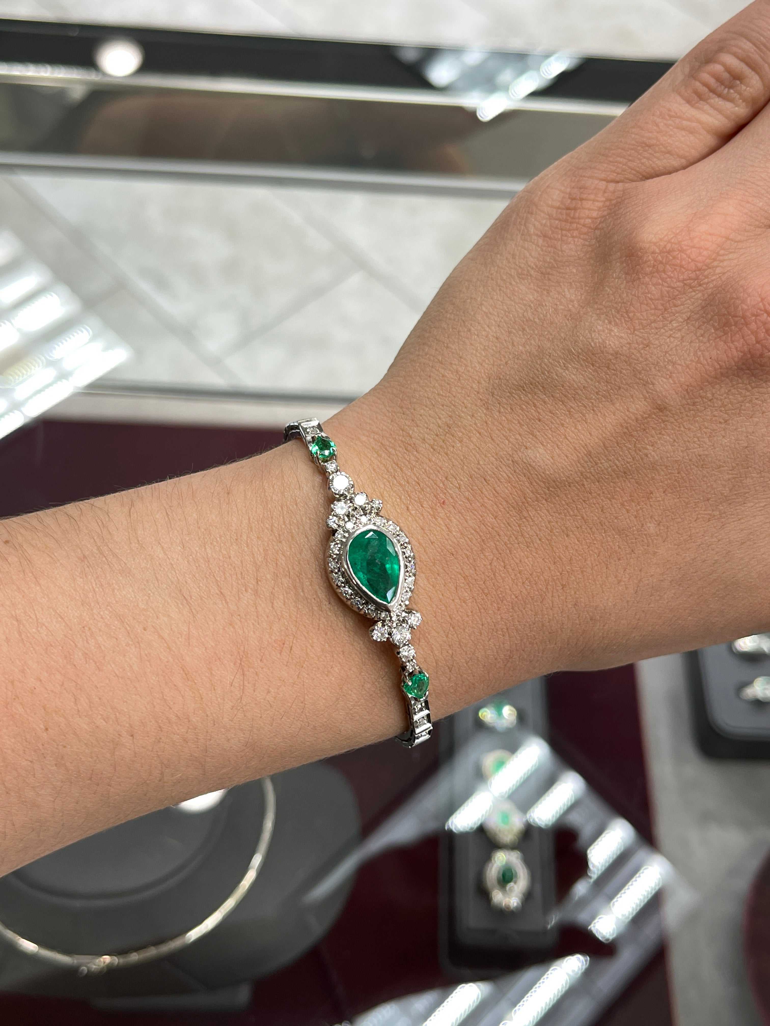 7.27tcw Vintage Pear Colombian Emerald & Diamond Bracelet White Gold 14K
