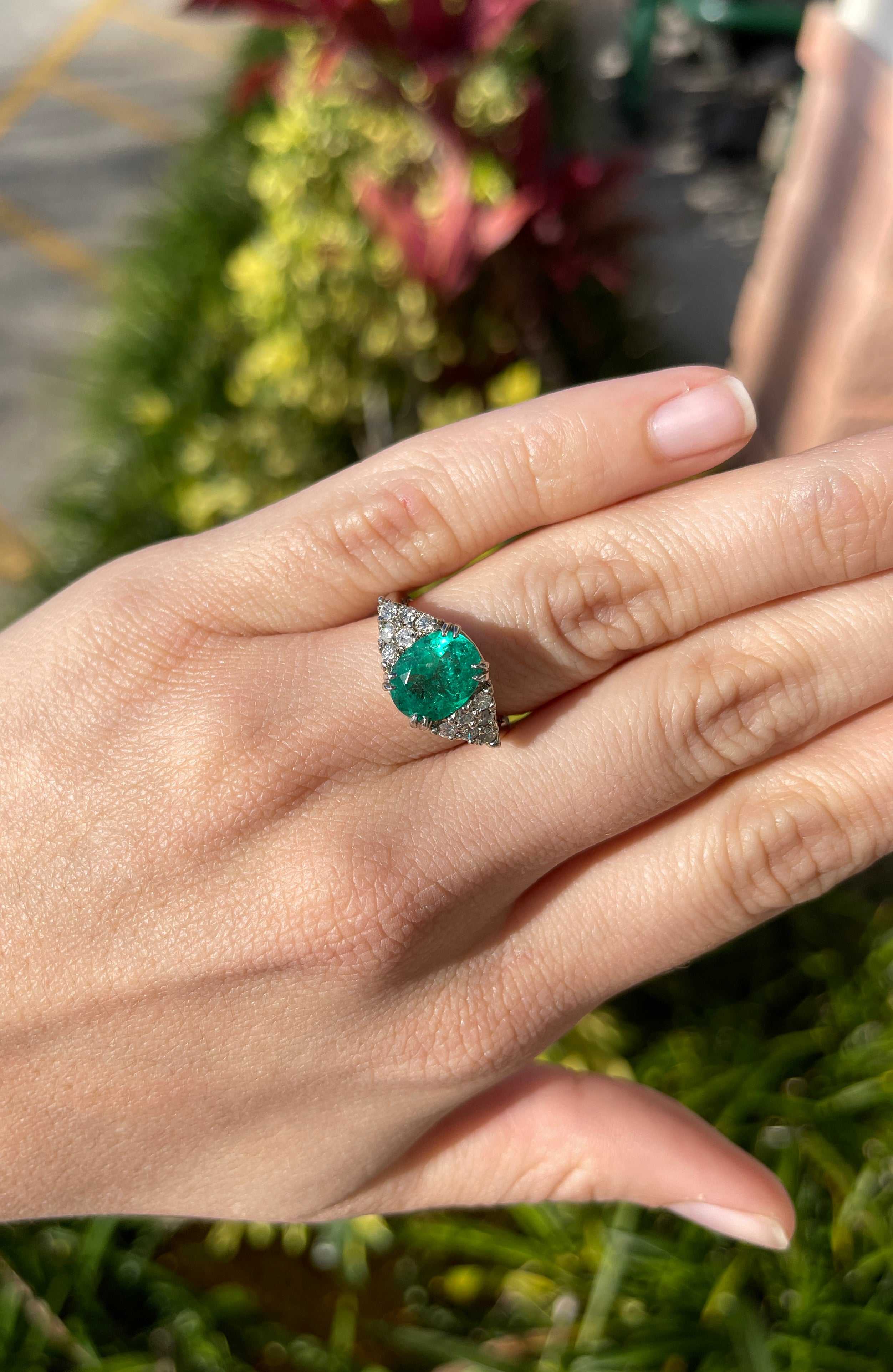 4.30tcw Oval Colombian Emerald & Diamond Anniversary Statement Ring Platinum on hand