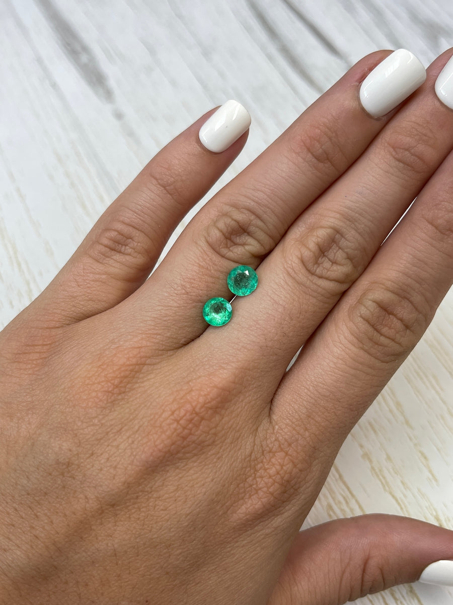 Pair of 6.7x6.7mm Colombian Emeralds - 2.06 Carats - Perfectly Matching Yellow-Green Rounds